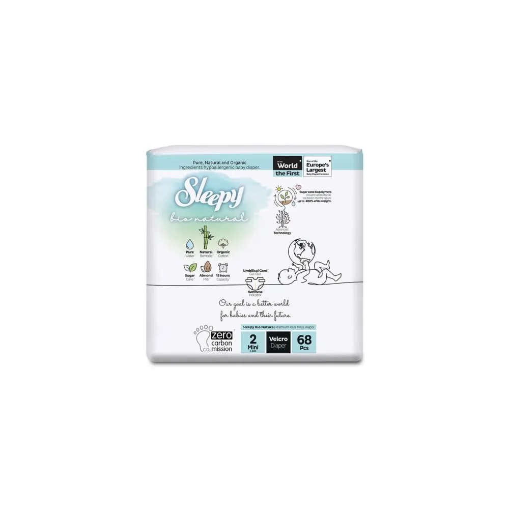 Sleepy حفاضات Bio Natural Double Jumbo Mini المقاس 2 – 68 وحدة / 3-6 كغ