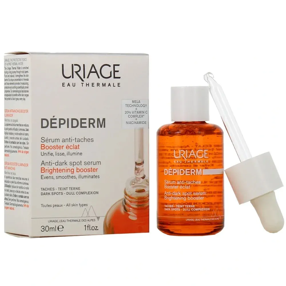 Uriage Dépiderm Sérum Anti-Taches Booster Éclat 30ml + Bariésun Sun Water Eau Solaire Fraîche SPF50+ 200ml = Eau Micellaire Thermale à l'Extrait d'Abricot 250ml Offerte