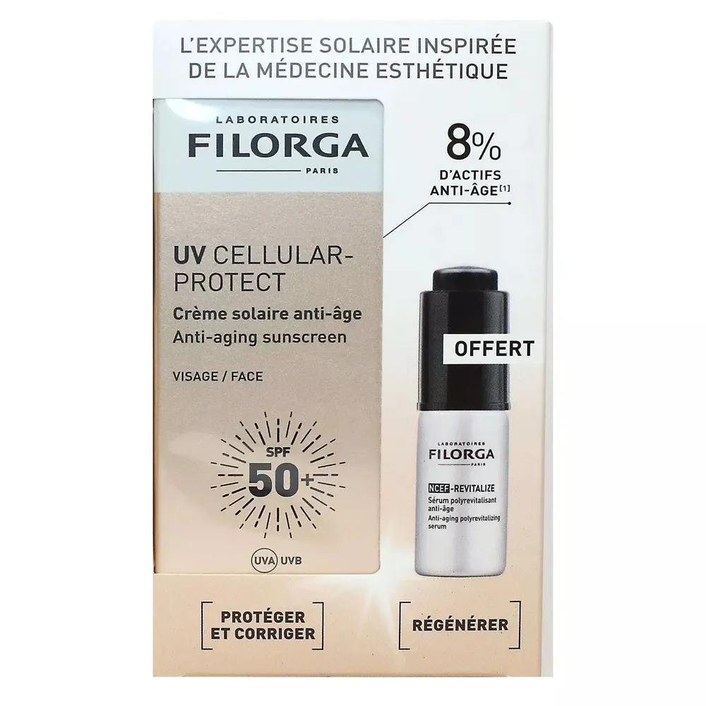 COFFRET UV CELLULAR Crème Solaire Anti-Âge SPF50+ 40ml = Mini Time-Filler 5ml + Gua Sha + Trousse Offerts