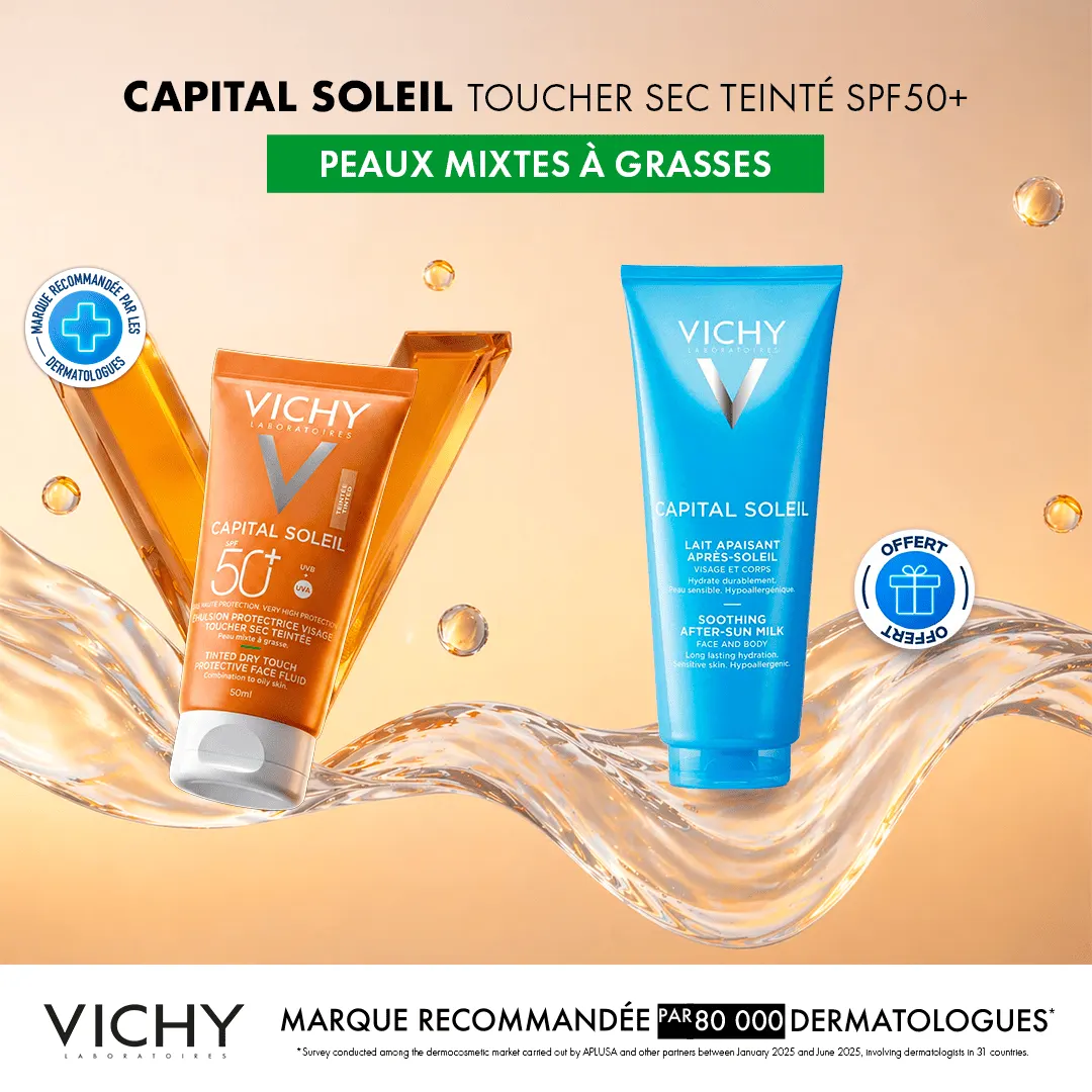 Vichy Capital Soleil مستحلب بملمس جاف SPF50 للبشرة الحساسة المختلطة إلى الدهنية بلون = بعد الشمس 100 مل هدية