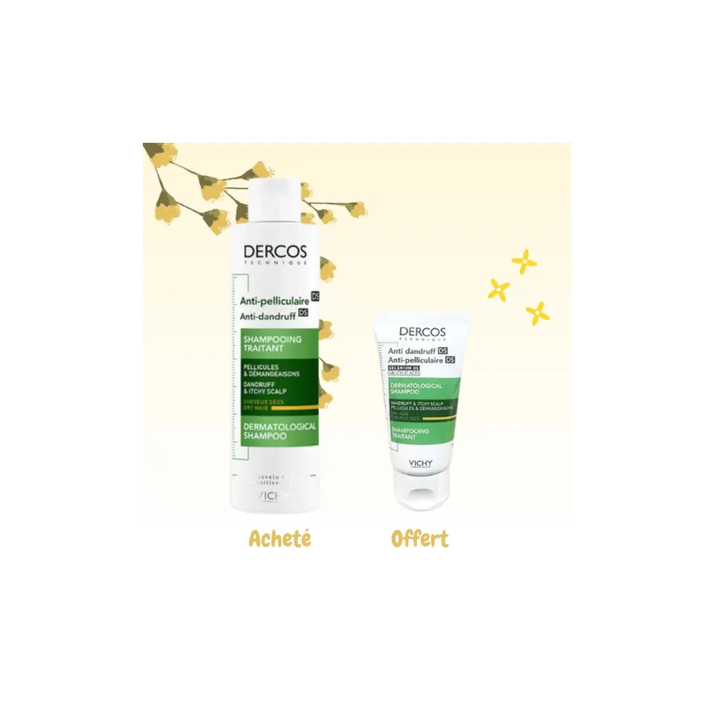 Vichy Dercos Shampooing Antipelliculaire Cheveux Secs 200 ml = Format Voyage 50 Ml Offert