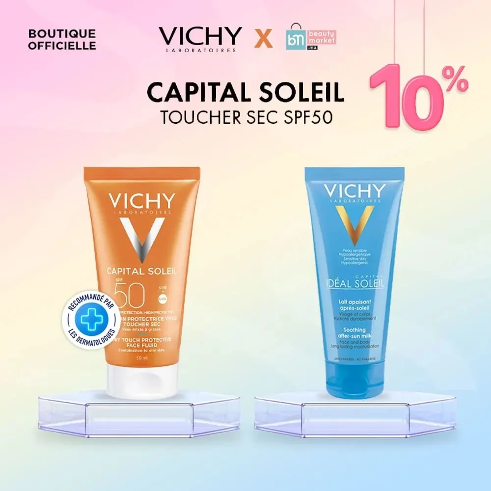 Vichy Pack Summer Essentials Capital Soleil مستحلب بملمس جاف للبشرة المختلطة إلى الدهنية + مزيل عرق مفتح