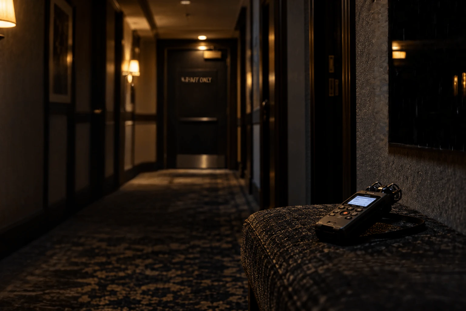 An empty, warmly lit hotel corridor leads to a closed dark service door with a brass STAFF ONLY plaque.