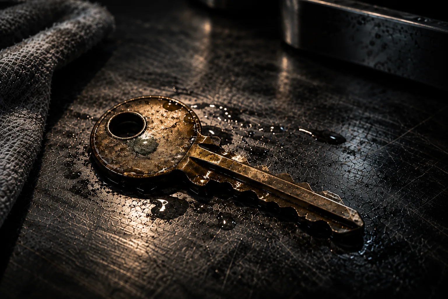 A worn brass key lies wet on a scratched dark work surface under practical overhead light.
