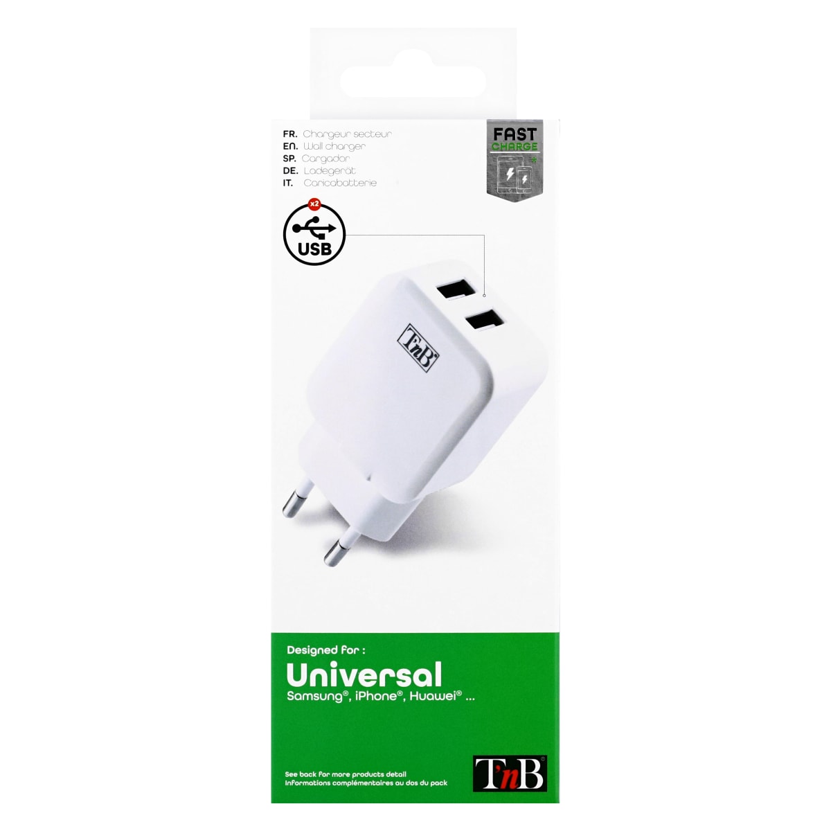 Procar® PUSB1B- QC-B Chargeur USB double charge Quick avec