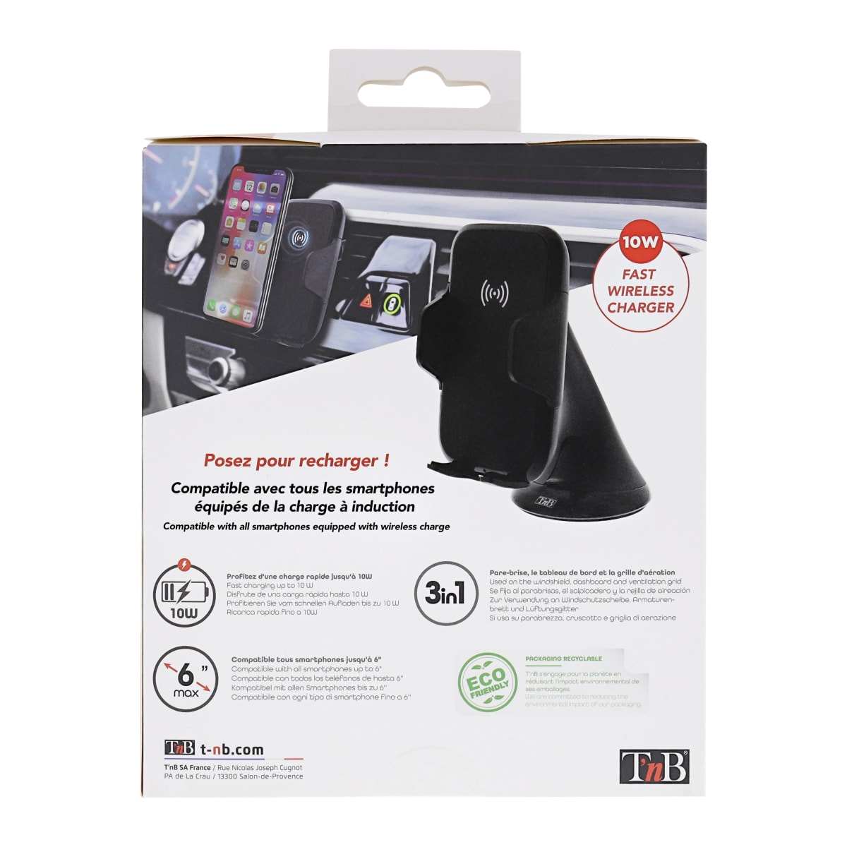 SUPPORT MOTORISE AVEC CHARGE SANS FIL 10W + 2 ACCESSOIRES TNB - support  téléphone voiture