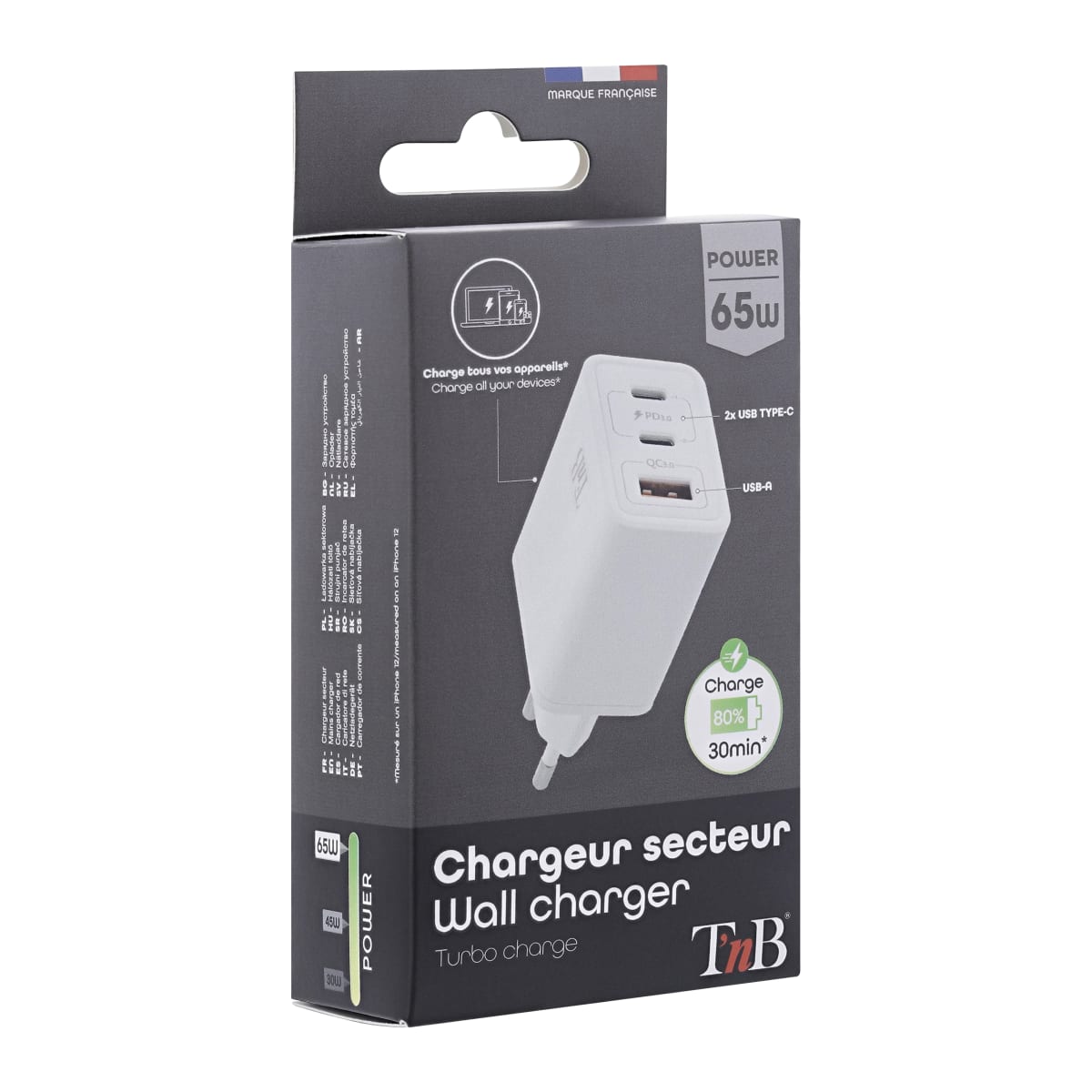 Chargeur maison USB C PD 65W Power Delivery GaN Garanti à vie Gris