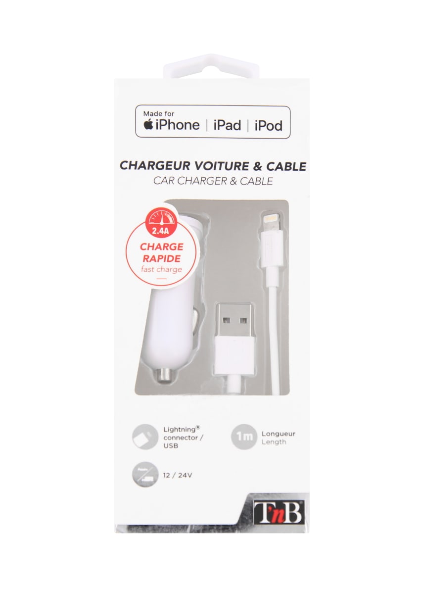 Chargeur allume-cigare usb 2.4a charge rapide + câble micro-usb 1m