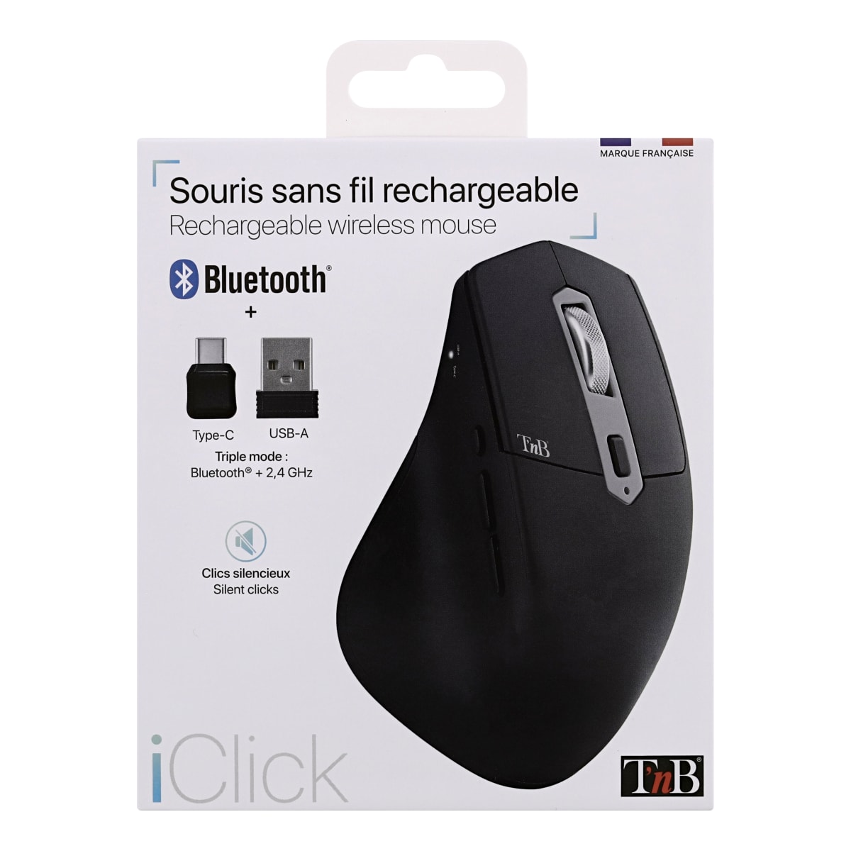 Souris sans fil ergonomique verticale rechargeable double connexion  Bluetooth + USB-A - T'nB