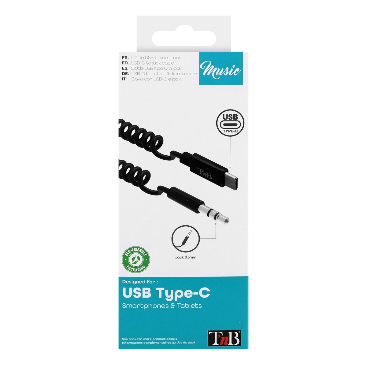 USB Type-C to jack 3.5mm coiled cable - T'nB