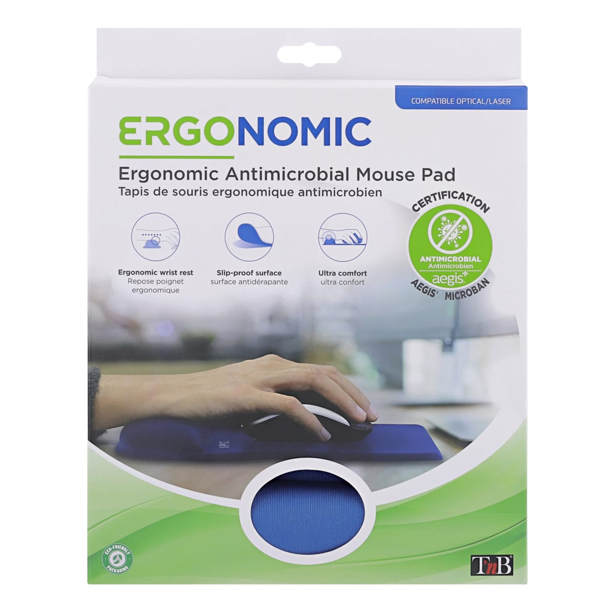 Tapis de souris ergonomique gel antimicrobien bleu - T'nB