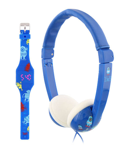 PACK CASCO NIÑO + RELOJ LED LIMITADOR 85 DB AZUL