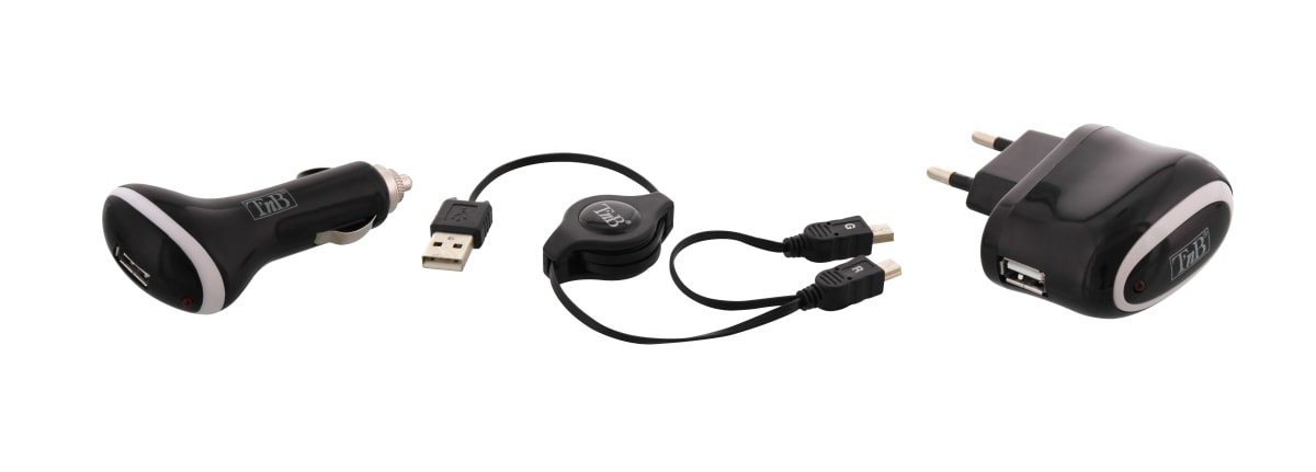 Chargeur secteur et allume-cigare 1XUSB-A 5W + câble rétractable mini USB