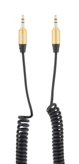 Jack 3,5mm male / jack 3,5mm male coiled black cable with gold connectors 1.8m