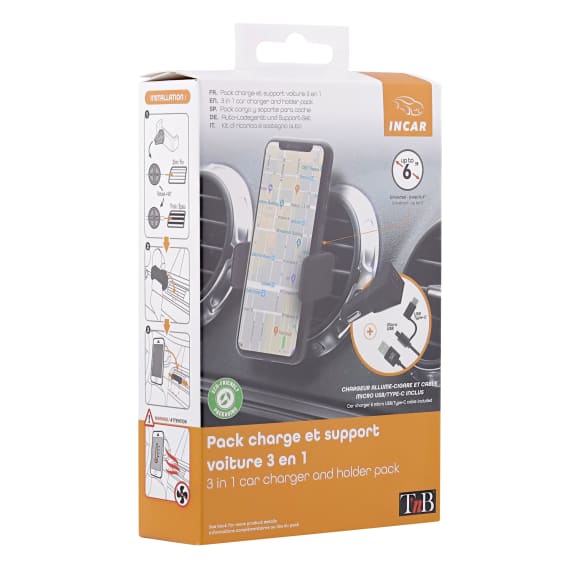 PACK 3EN1 CHARGEUR VOITURE 2 USB-A + CABLE 3EN1 + SUPPORT GRILLE