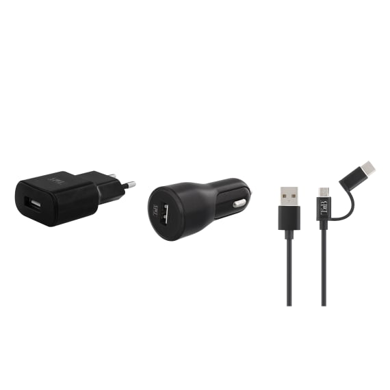 1 USB charging pack wall charger + car charger + 2 in 1 cable 12W