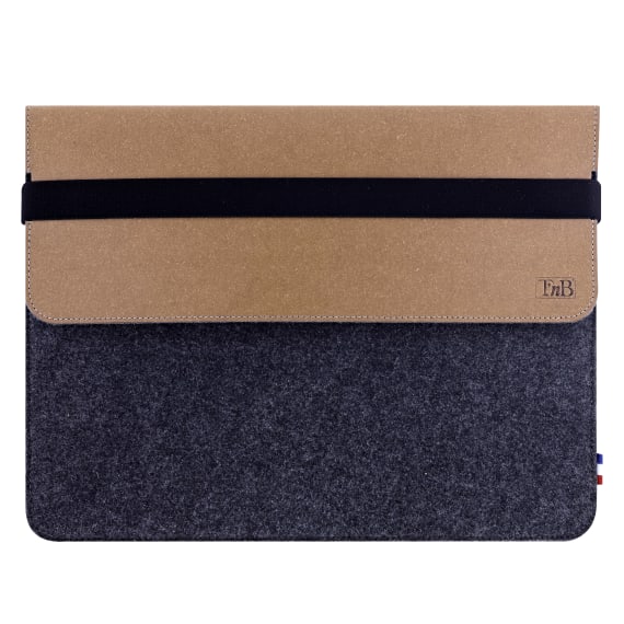 Eco-friendly French 13-14" laptop case in leather and felt - brown/grey