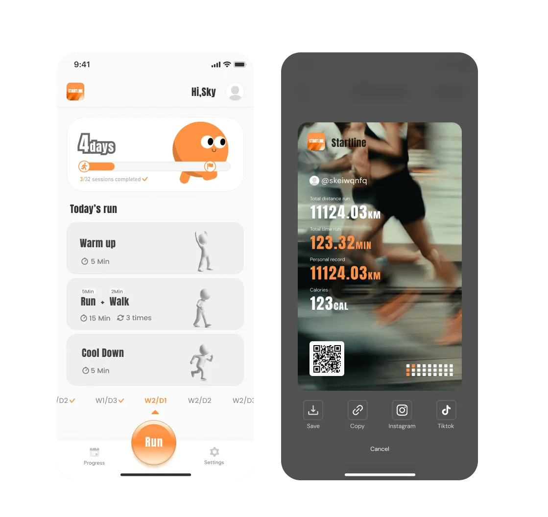 Startline running app screens