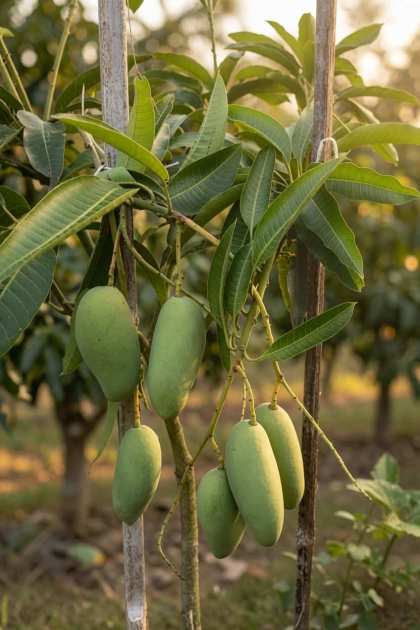 Green mangoes hanging on a healthy mango branch