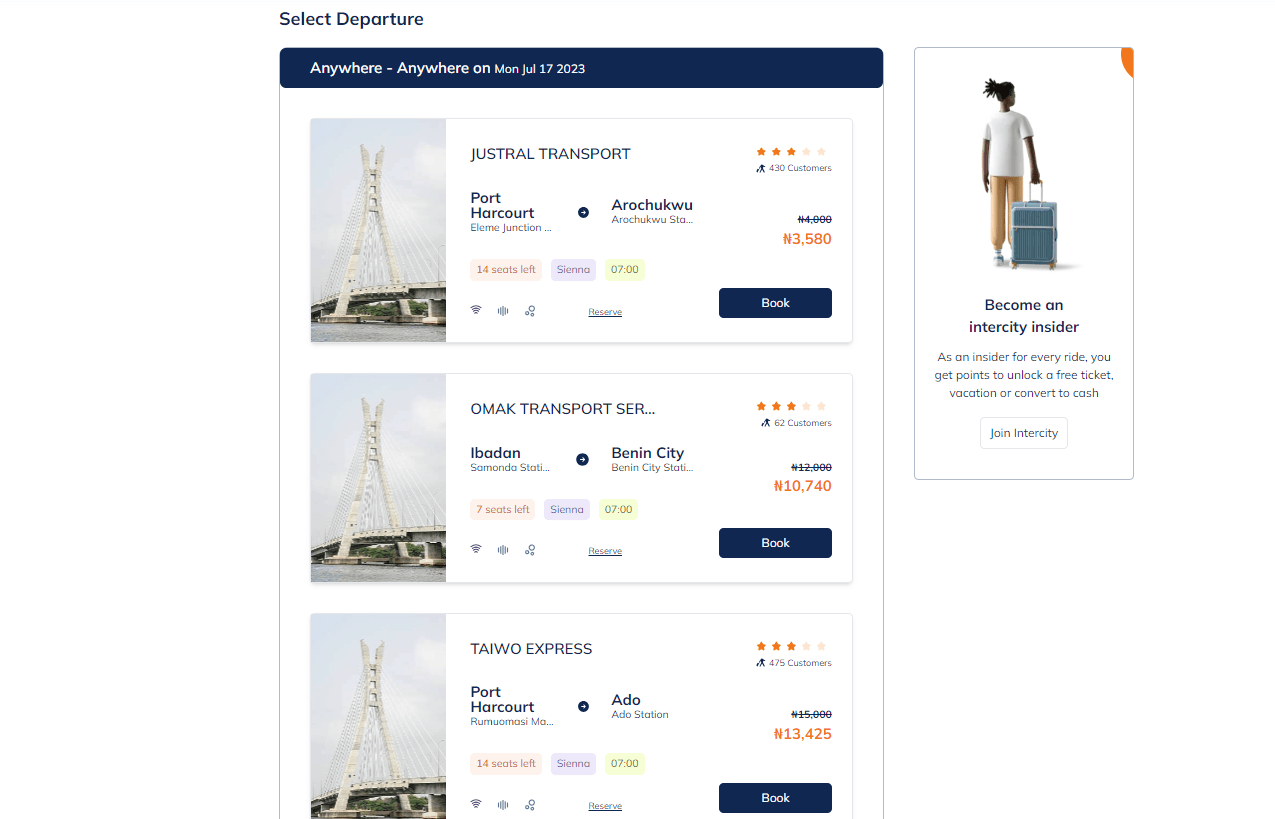 Intercity Search result