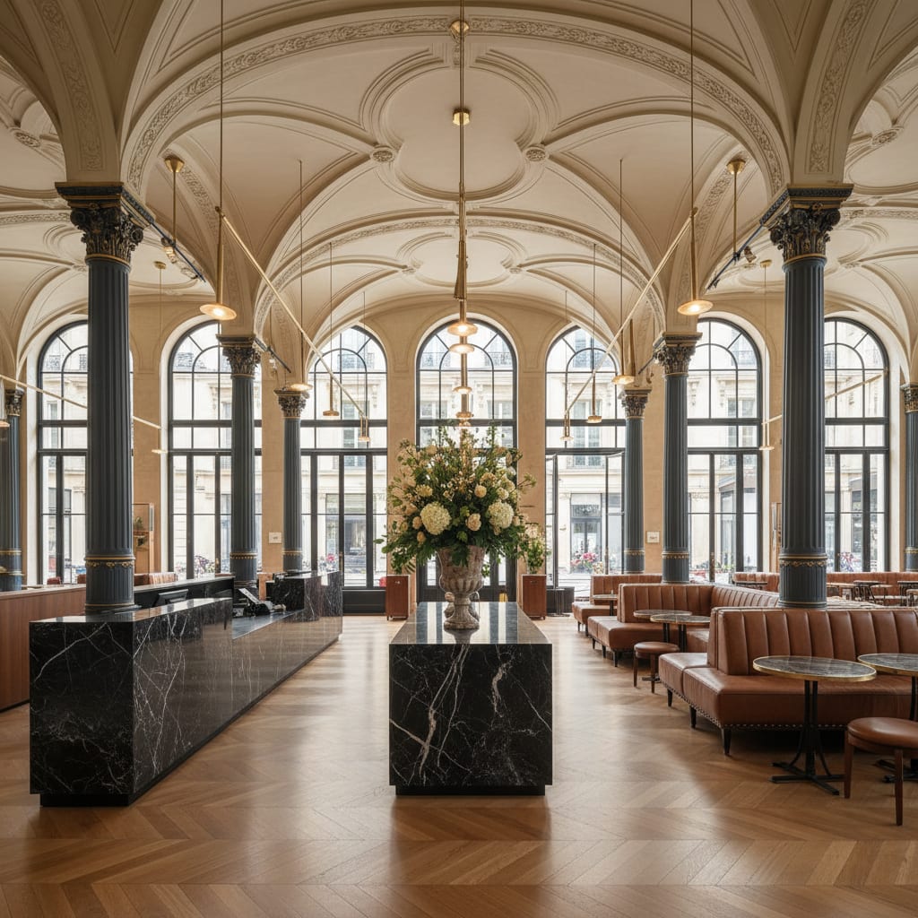Editorial vision of the lobby of the future BHV Marais Paris hotel under 19th-century vaults