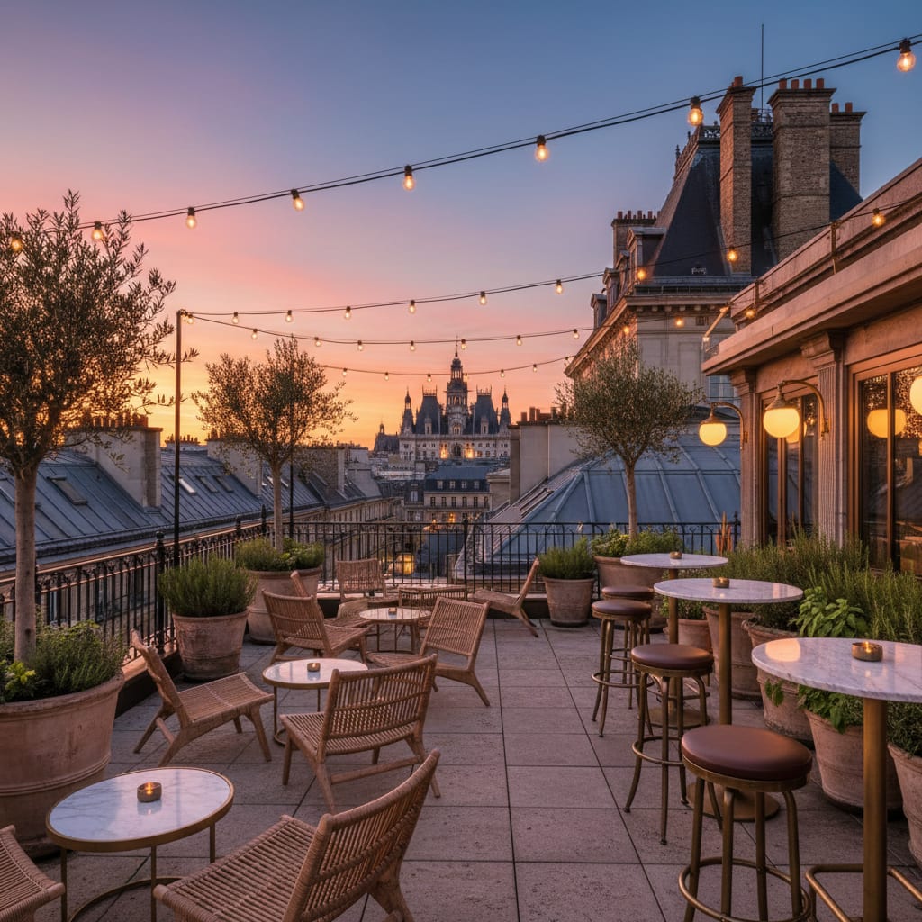 Editorial vision of the rooftop of the future BHV Marais hotel at dusk