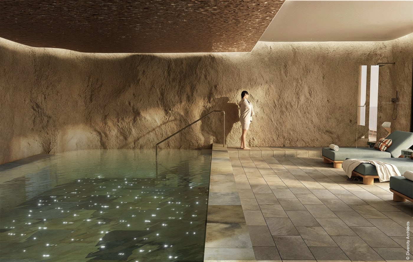 Indoor pool at the Rock Spa of Fouquet's Mykonos carved into the rock