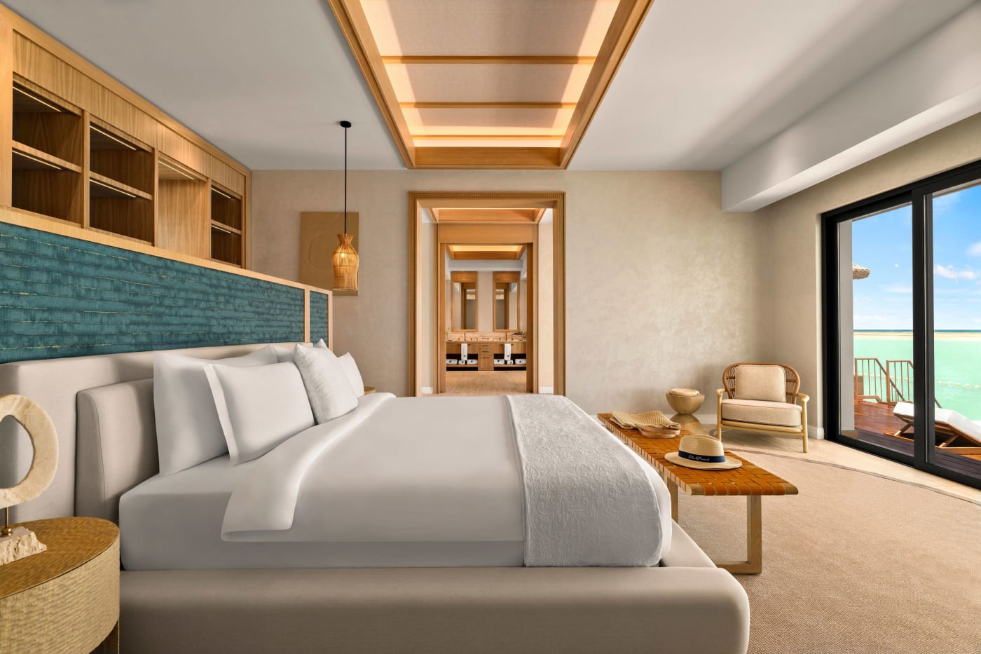 Rendu de la chambre d'une Overwater Villa Privé du Rixos Murjana avec accès à la terrasse sur pilotis