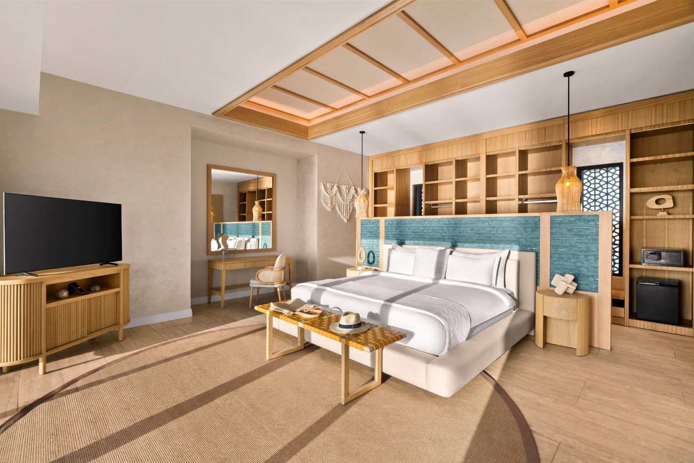 Rendu de la chambre de l'Overwater Villa Privé Grand du Rixos Murjana, bois clair et tête de lit turquoise