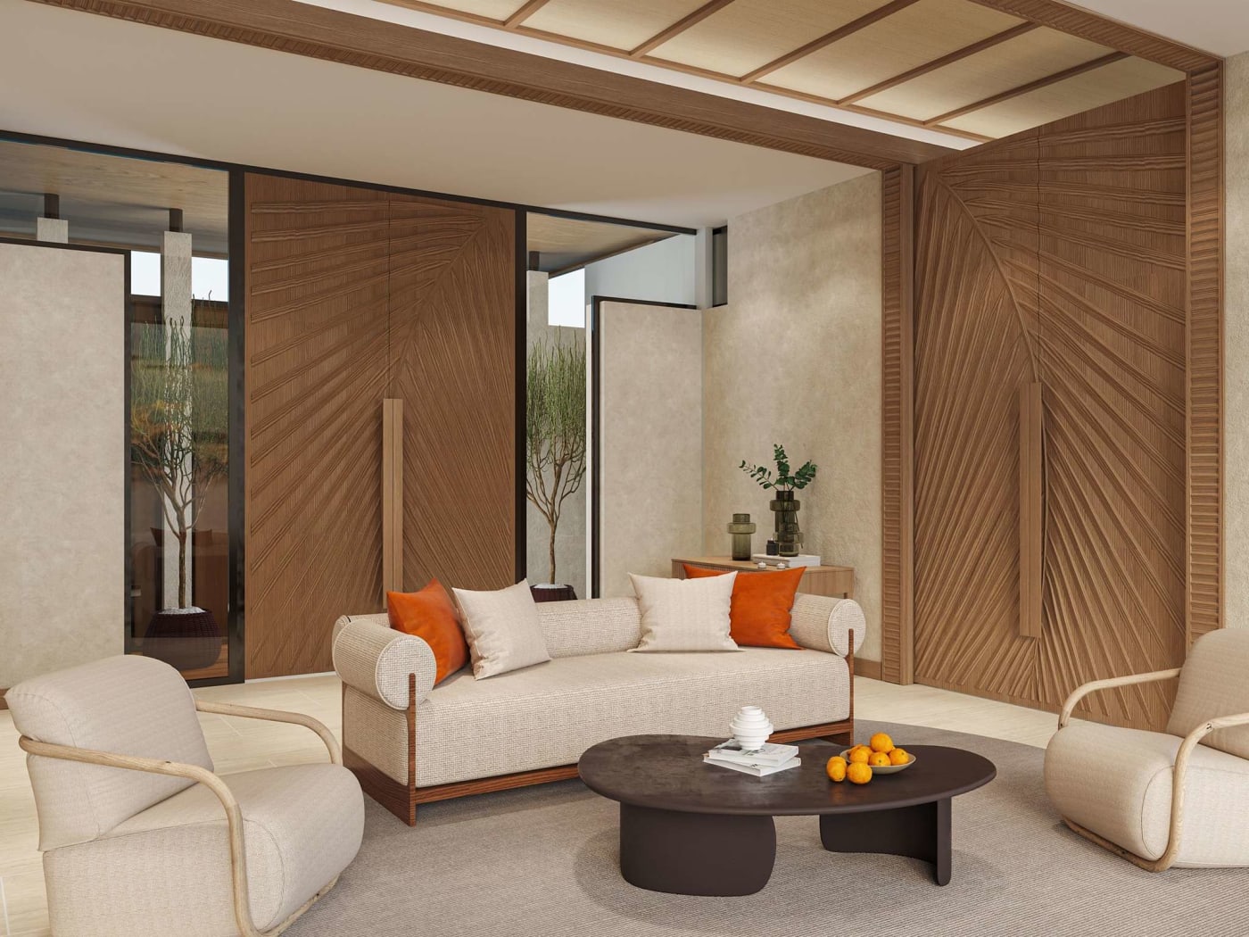 Rendu du salon séparé de l'Overwater Villa Privé Grand au Rixos Murjana