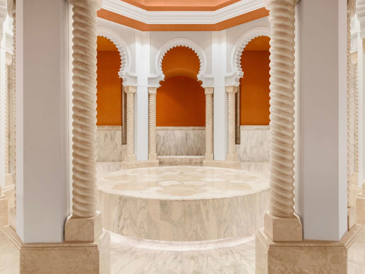 Rendu du hammam de l'Anjana Spa au Rixos Murjana, arches et marbre