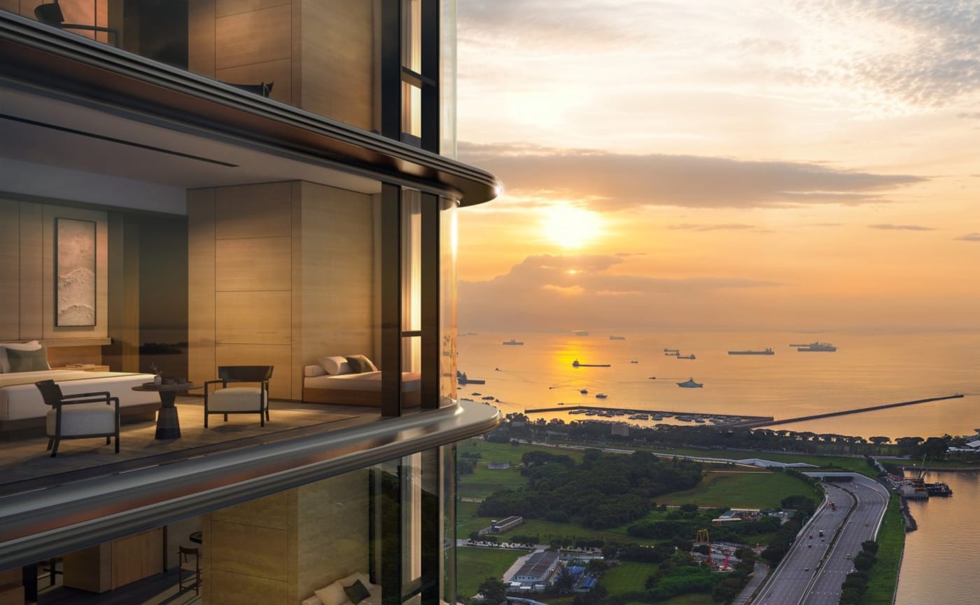 3D-Rendering einer Suite des Aman Singapore im Turm The Skywaters mit Blick auf die Meerenge bei Sonnenuntergang
