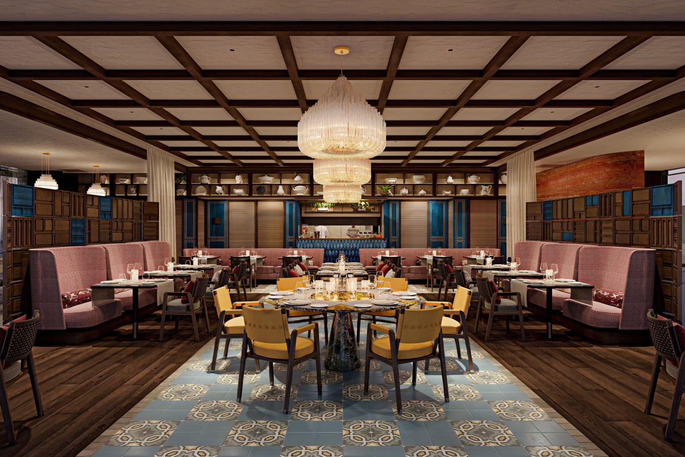 Renderização do restaurante Siparaja do Raffles The Red Sea, salão com lustre e bancos estofados