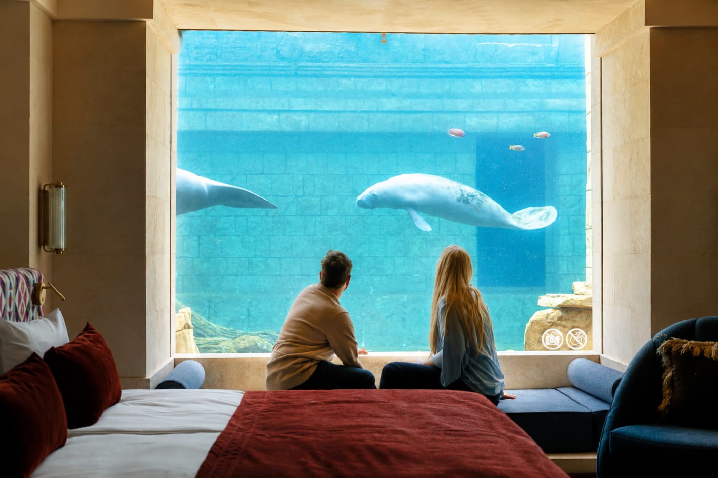 Ein Paar sitzt vor der Unterwasserscheibe eines Zimmers im Manatee Cove, hinter der zwei Seekühe schwimmen