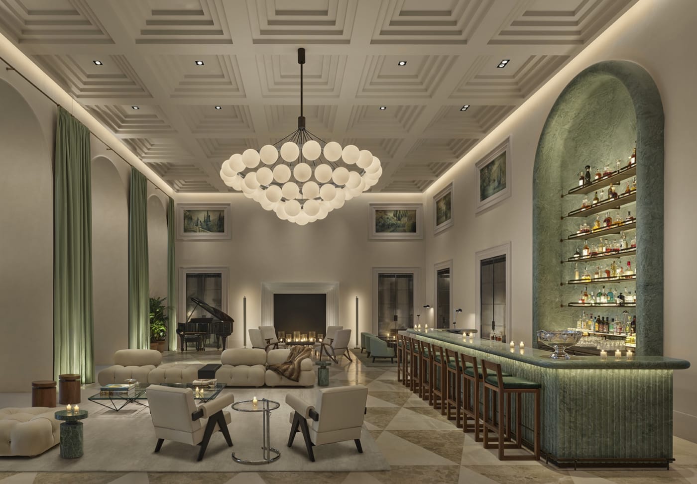 Rendu du Lobby Bar de l'hôtel The Lake Como EDITION, son lustre à globes et son comptoir vert
