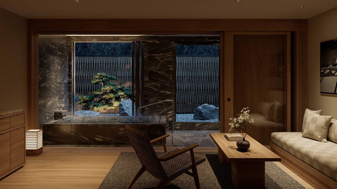 Onsen Suite del Capella Kyoto con baño privado abierto a un jardín interior