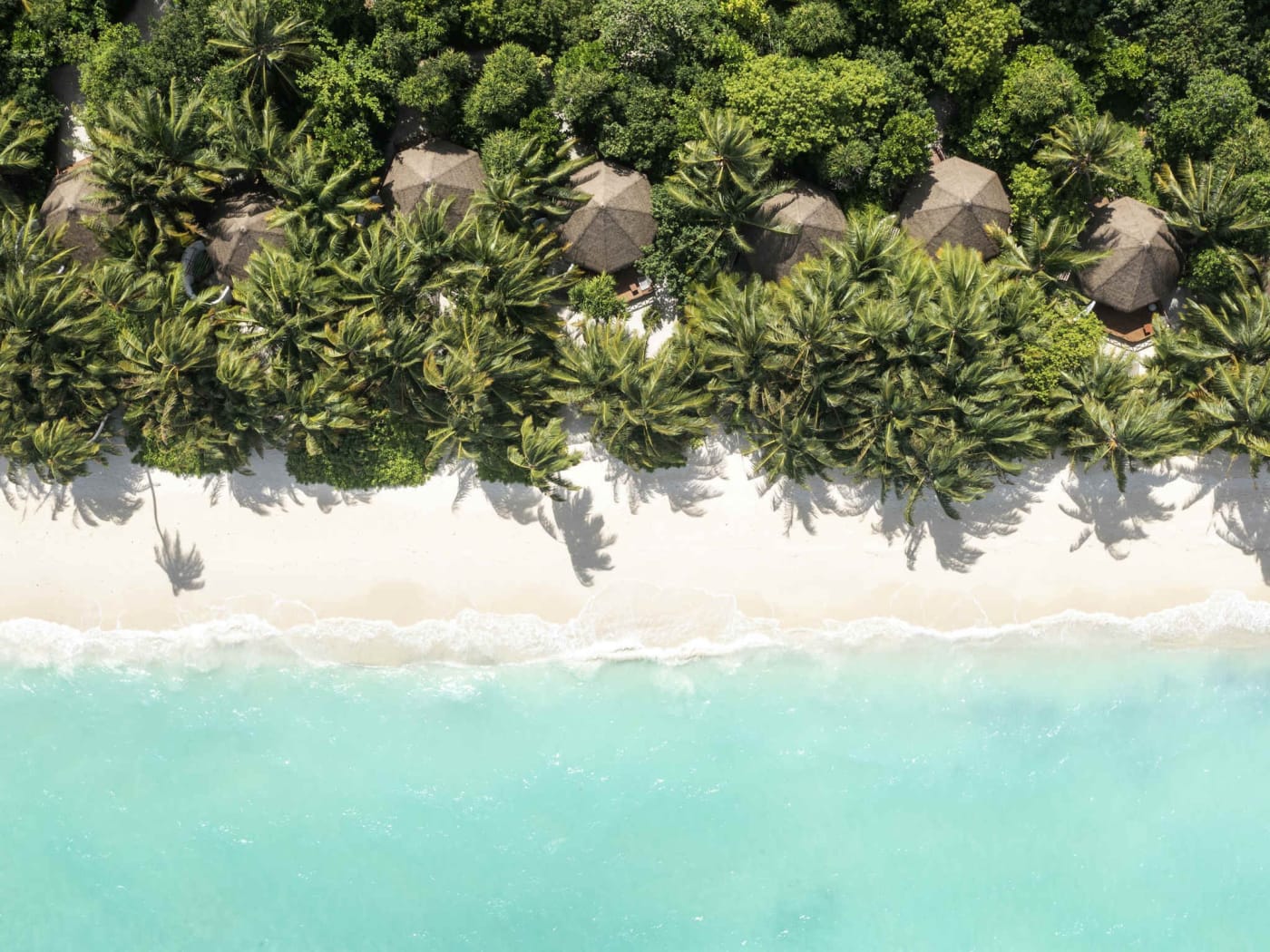 Vue aérienne de la plage de sable blanc et des cocotiers du Mercure Maldives Kooddoo Resort
