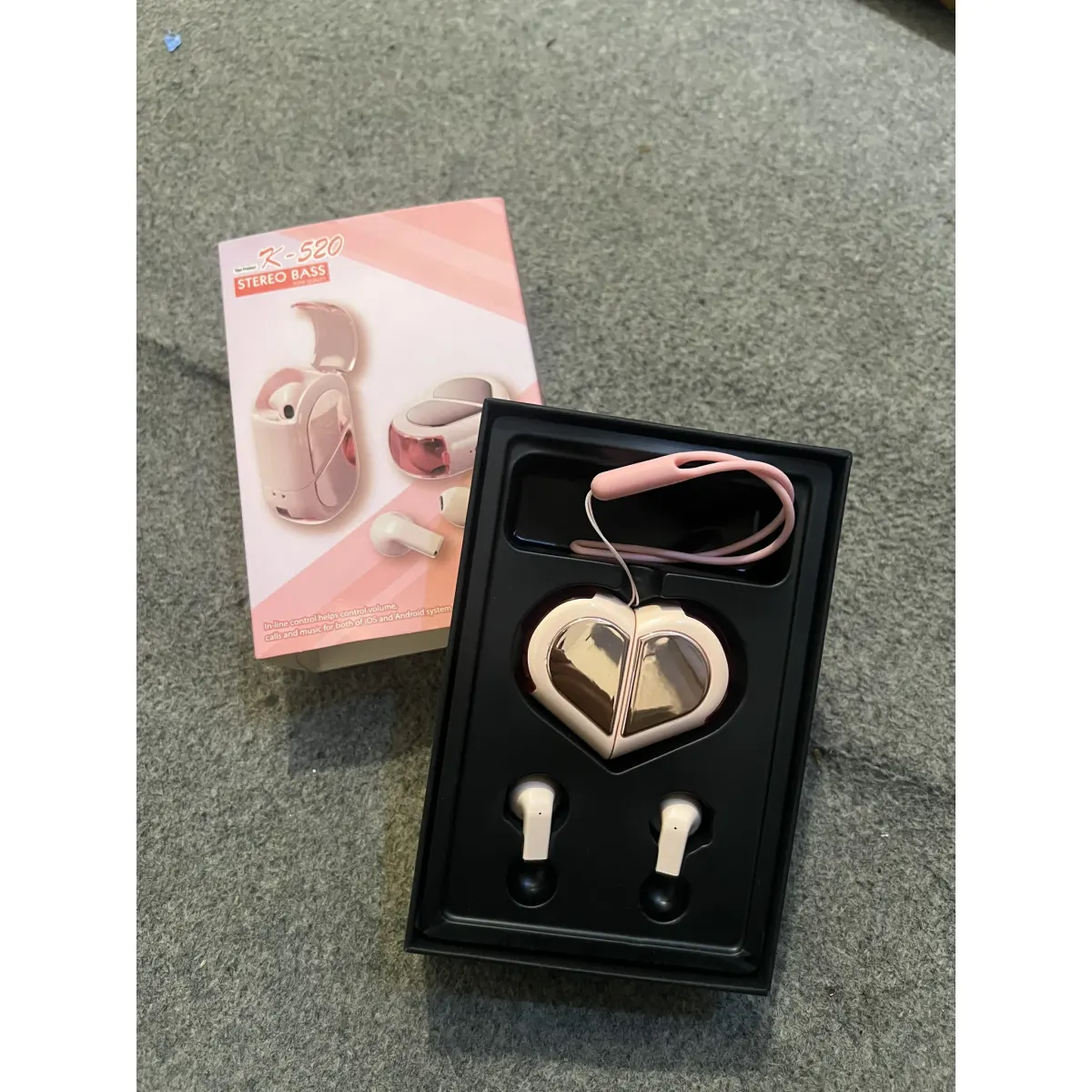 K-520 Heart-Shaped Wireless Earbuds – Stereo Bass, Bluetooth & Pink Charging Case