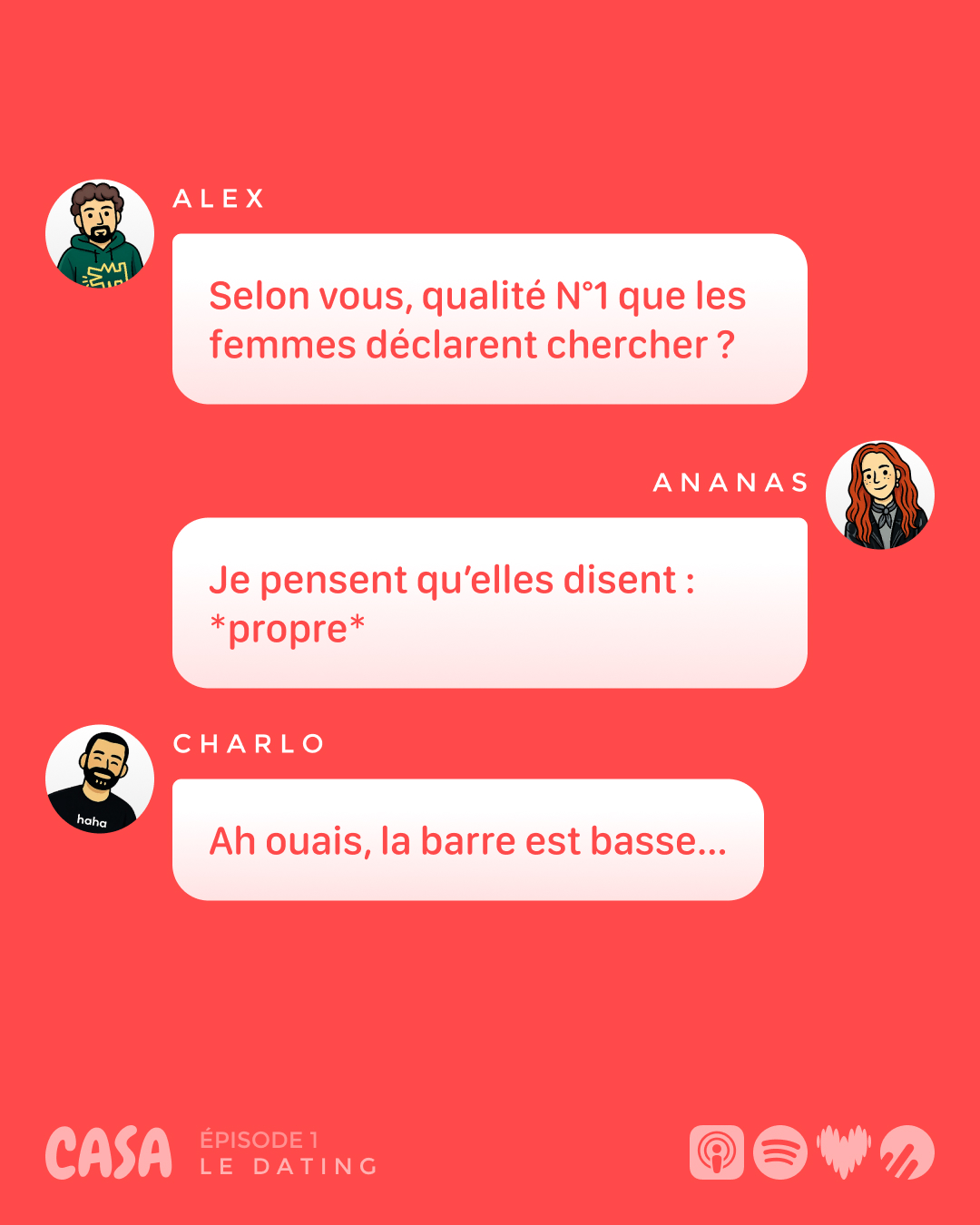 Alex : « Qualité n°1 que les femmes déclarent chercher ? » Ananas : « Propre. » Charlo : « La barre est basse… »