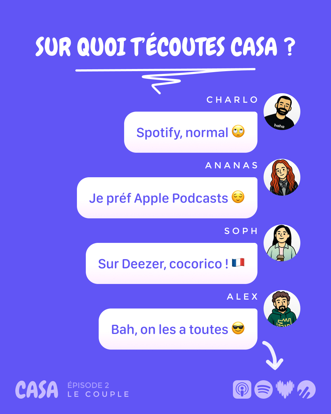« Sur quoi t'écoutes CASA ? » Spotify, Apple Podcasts, Deezer — Alex : « Bah, on les a toutes. »