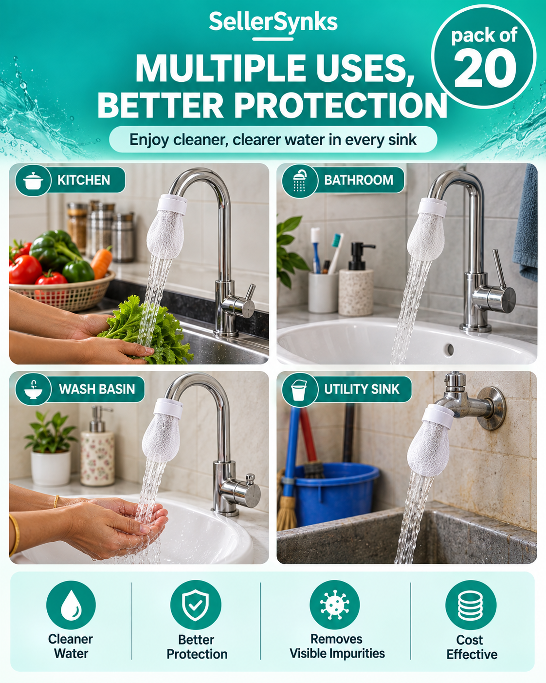 Universal Faucet Water Filter Cotton Pack of 20 with 2 Securing Straps