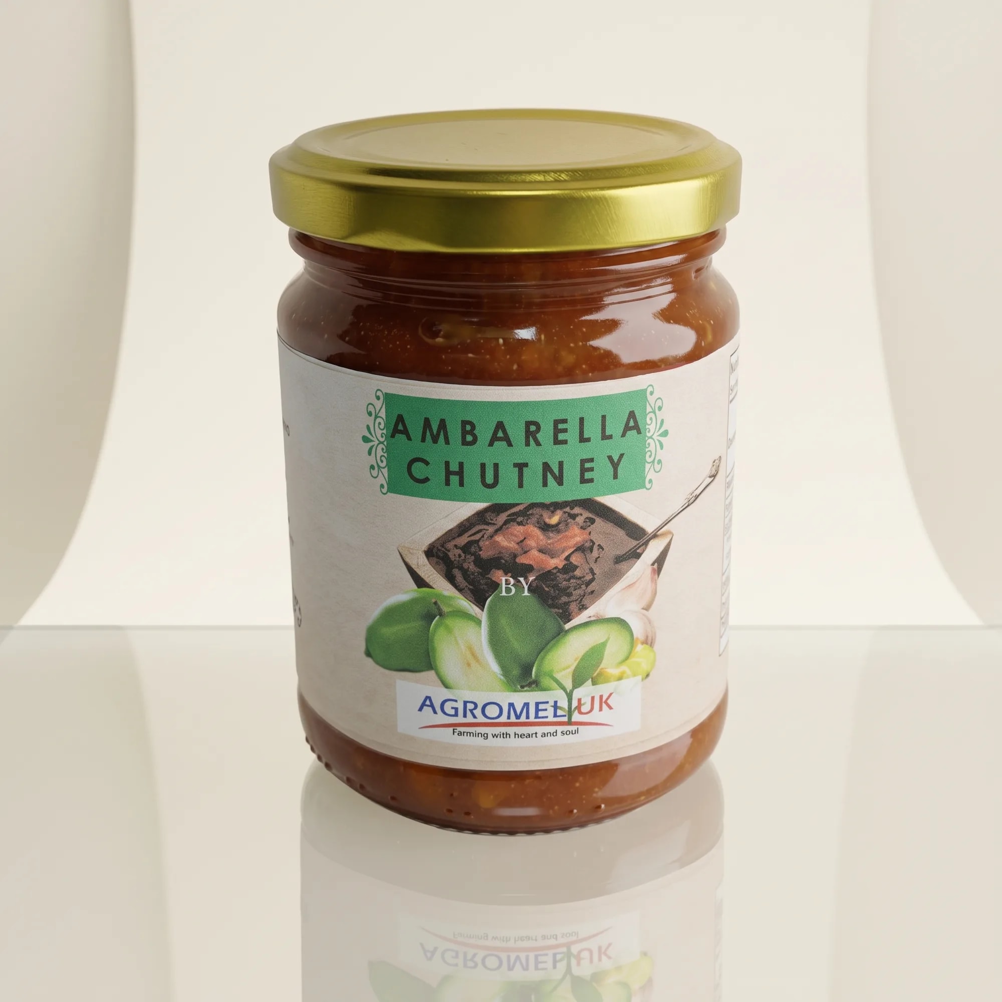 Ambarella Chutney 275g jar on a reflective glass surface — made in Sri Lanka, from Agromel UK