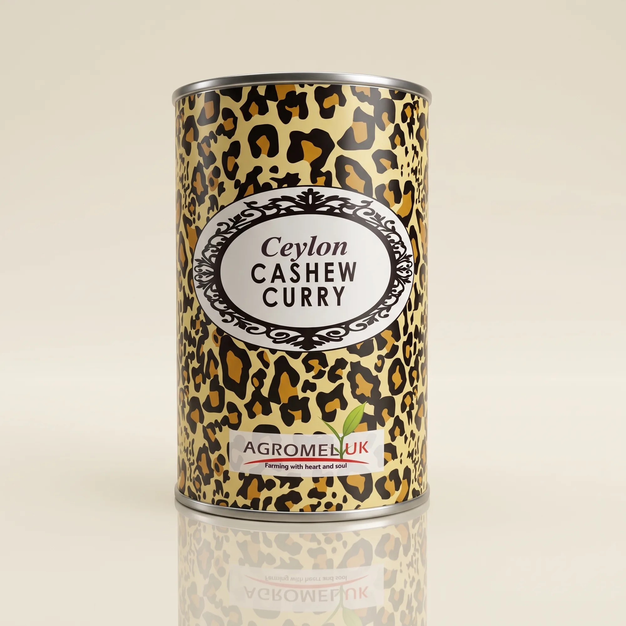 Cashew Curry 400g tin on a reflective glass surface — made in Sri Lanka, from Agromel UK