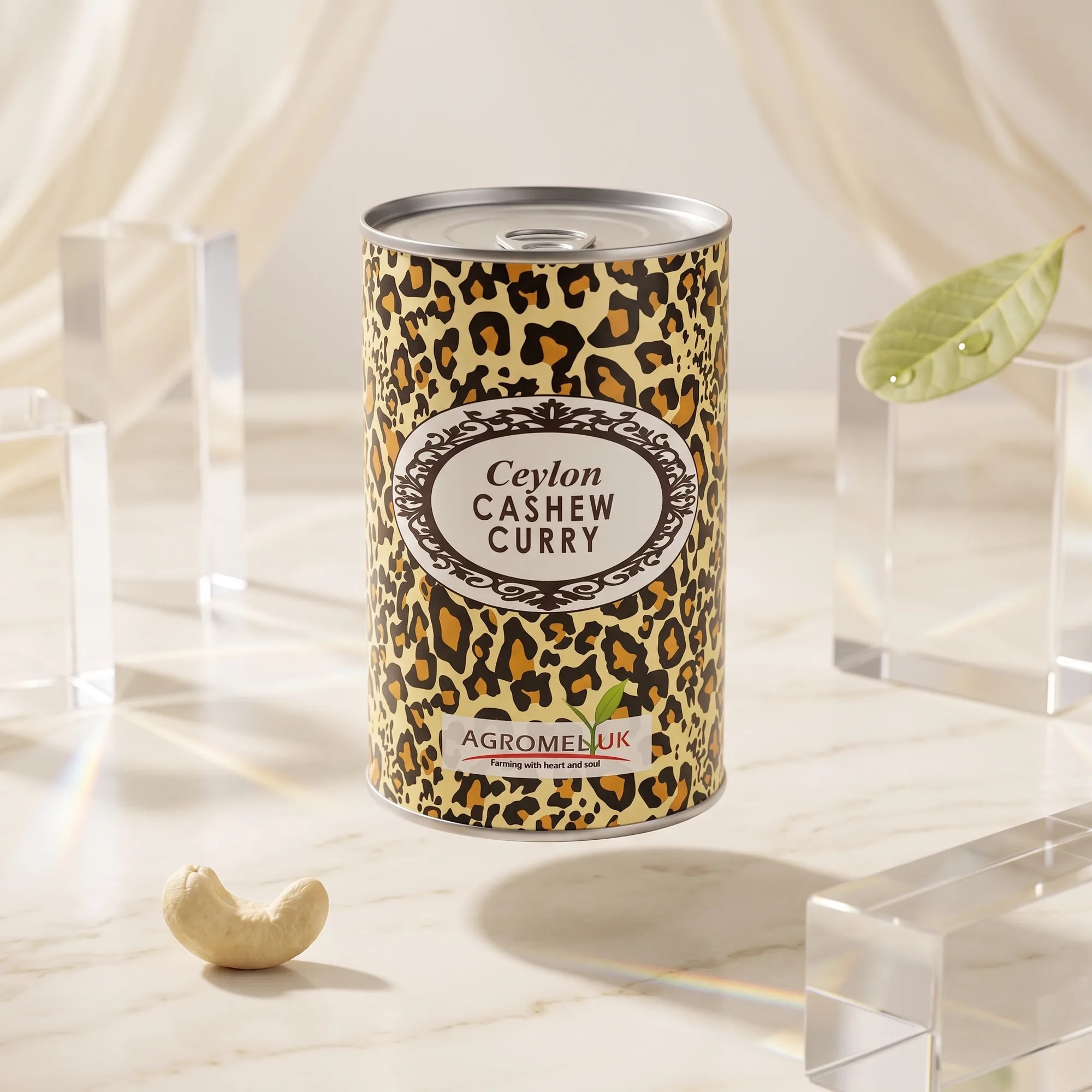 Cashew Curry 400g tin in a soft-lit studio setting — made in Sri Lanka, from Agromel UK