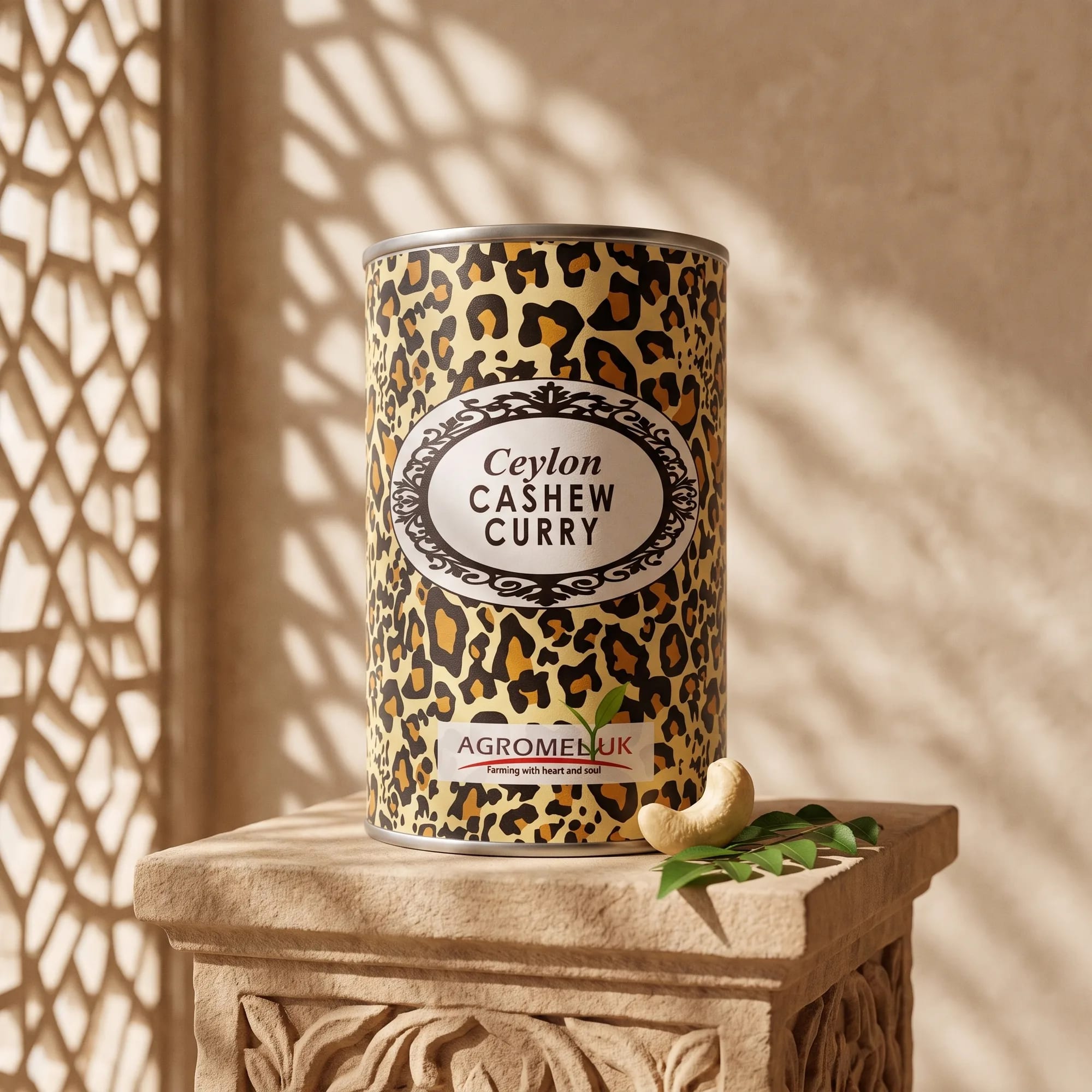 Cashew Curry 400g tin in a styled lifestyle scene — made in Sri Lanka, from Agromel UK
