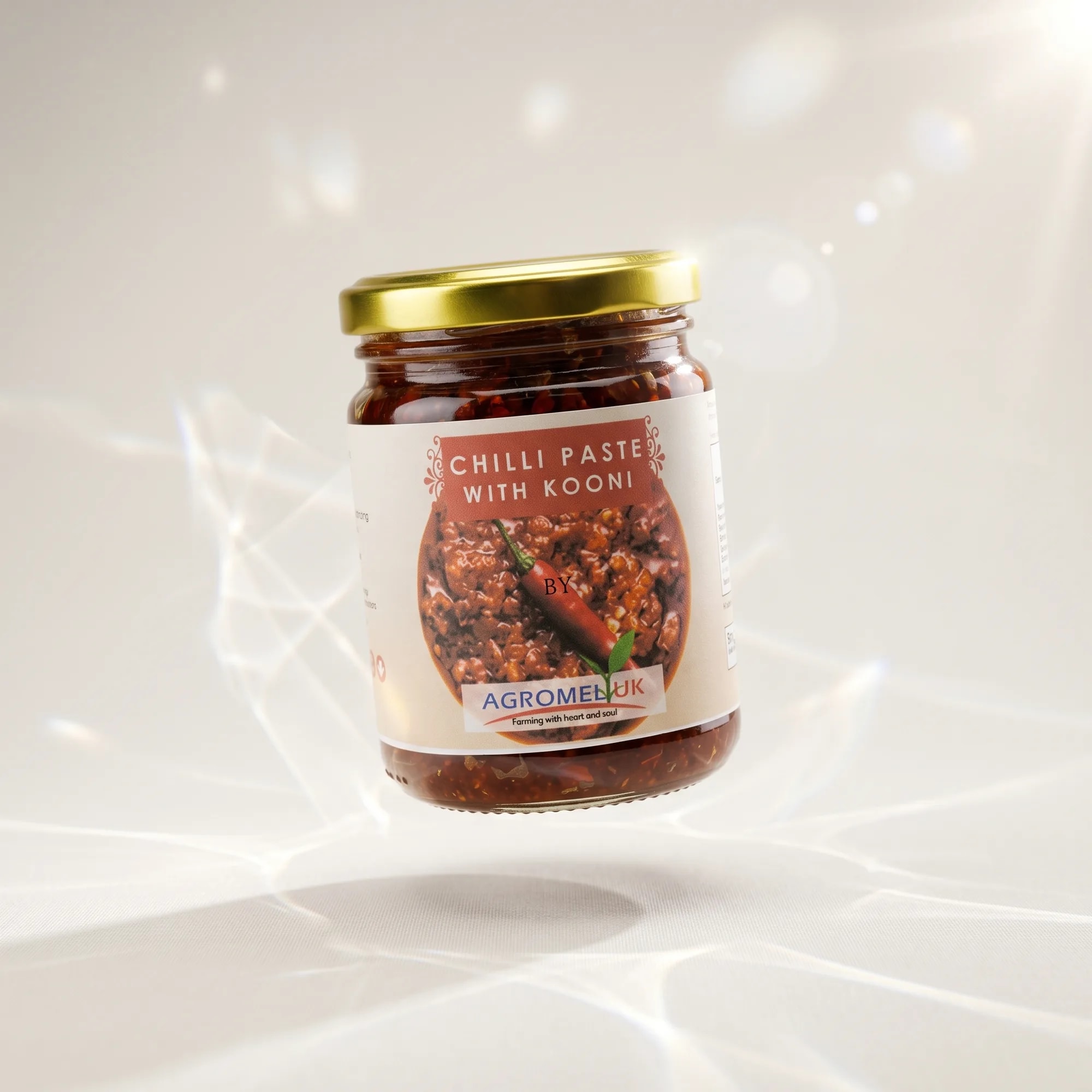 Chilli Paste with Kooni 250g jar in a soft-lit studio setting — made in Sri Lanka, from Agromel UK