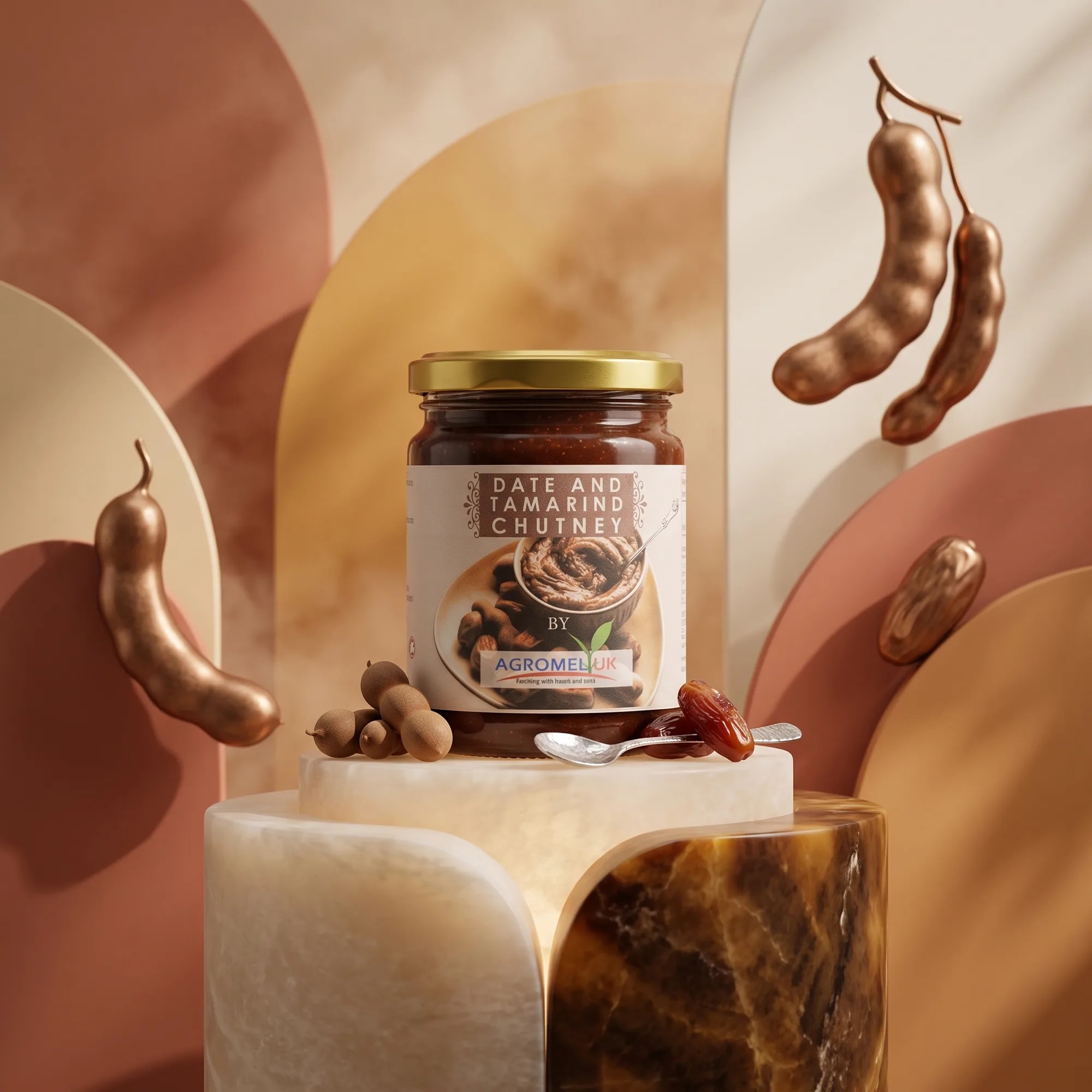 Date & Tamarind Chutney 275g jar in warm dappled sunlight — made in Sri Lanka, from Agromel UK
