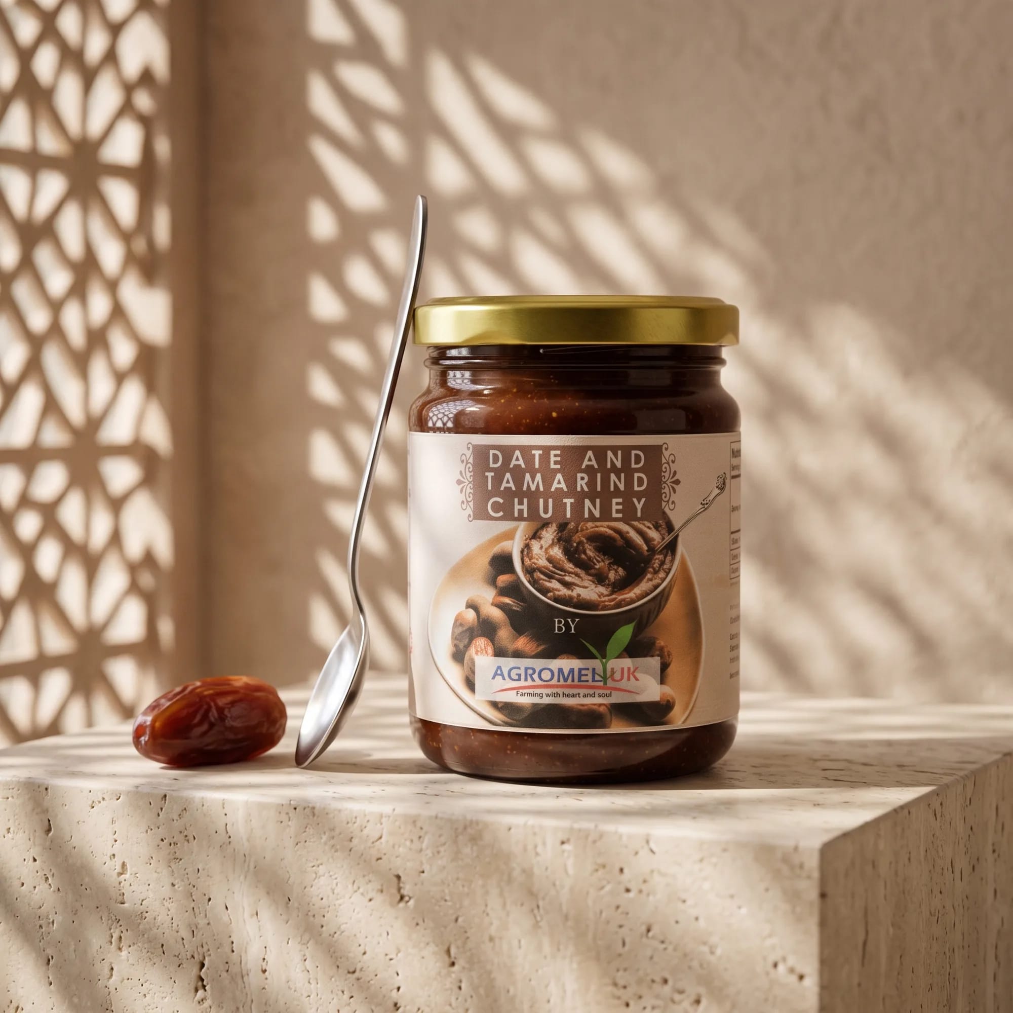 Date & Tamarind Chutney 275g jar in natural window light — made in Sri Lanka, from Agromel UK