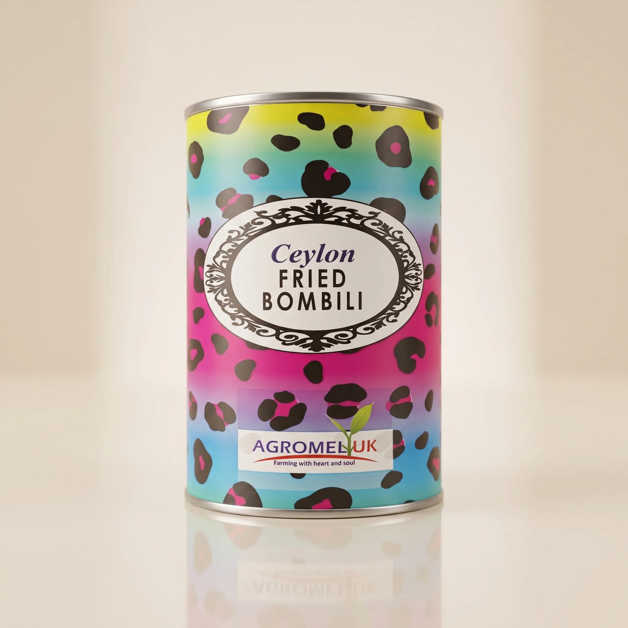 Fried Bombili 150g tin on a reflective glass surface — made in Sri Lanka, from Agromel UK