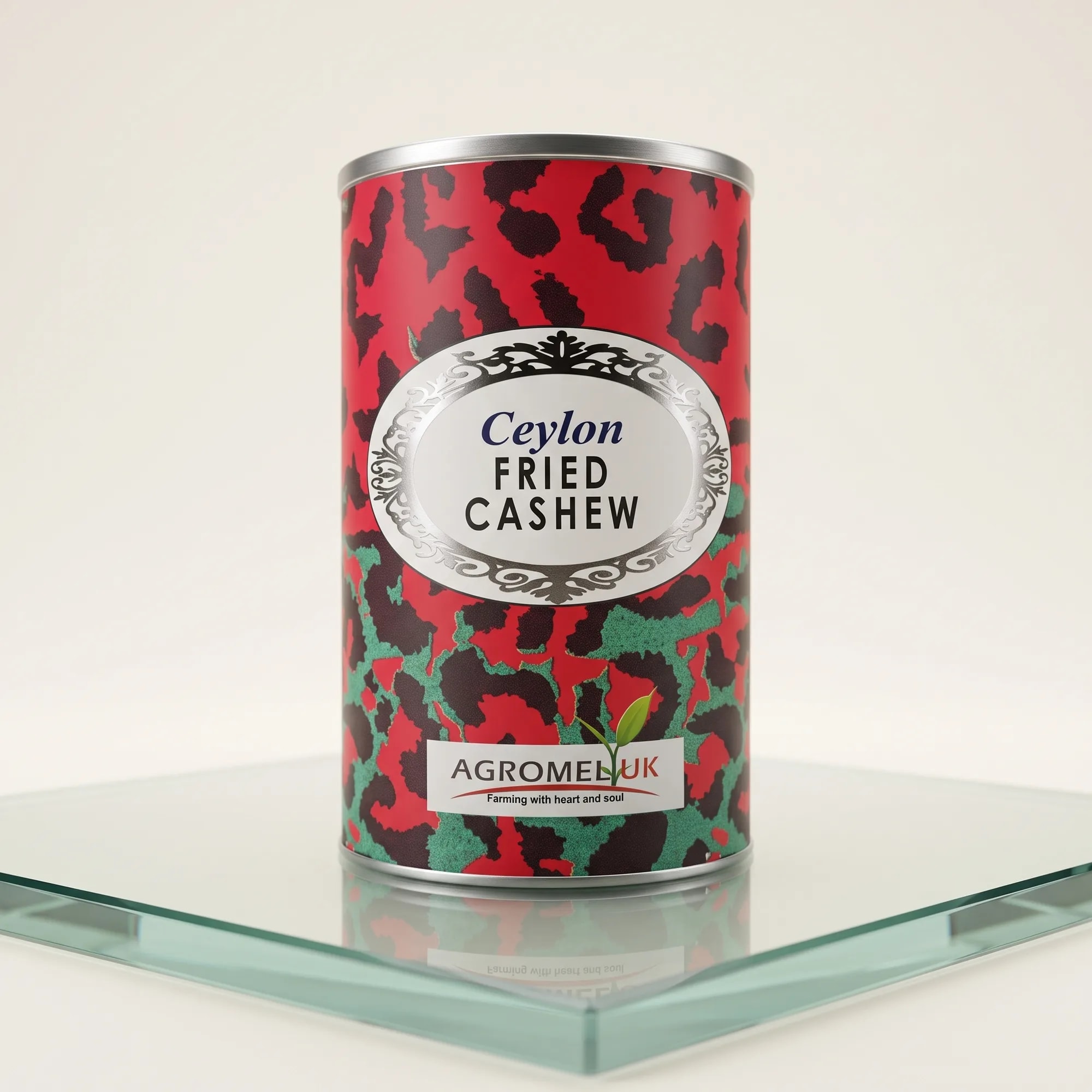 Fried Cashew 150g tin on a reflective glass surface — made in Sri Lanka, from Agromel UK